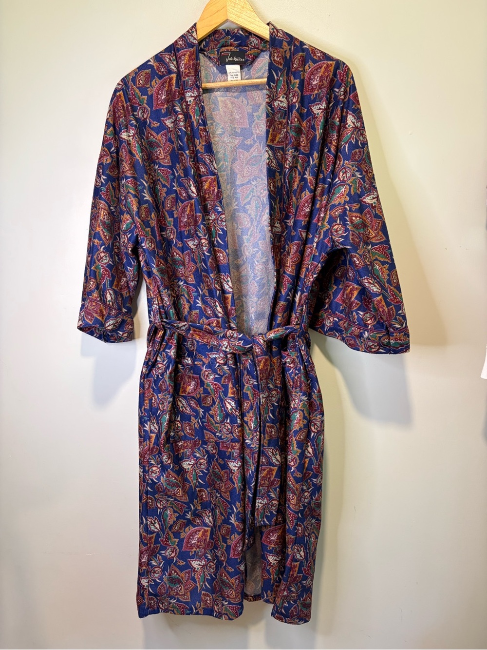 John Weitz Floral Paisley Navy Satin like Wrap Robe with Tie Belt